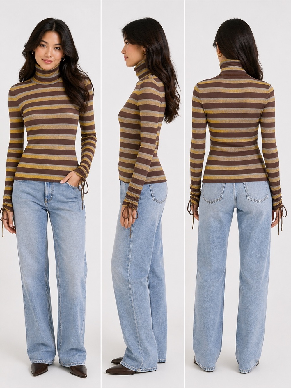 J.O.A. Metallic Stripe Turtleneck Top XS Gold Silver Ruched Sleeve Shimmer Knit